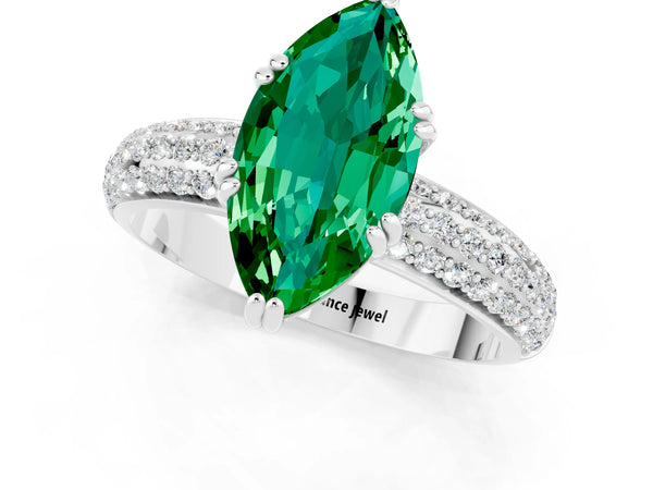 Platinum Marquise Cut Emerald Vintage Milgrain Ring with Round  Stations