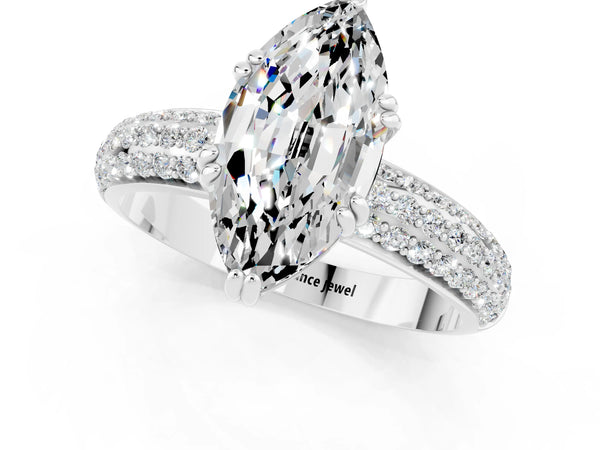 White gold Marquise Cut Moissanite Vintage Milgrain Ring with Round  Stations