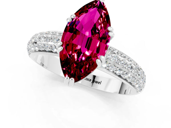 White gold Marquise Cut Garnet Vintage Milgrain Ring with Round  Stations