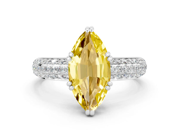 Platinum Marquise Cut Yellow Sapphire Vintage Milgrain Ring with Round  Stations