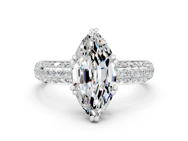 White gold Marquise Cut Moissanite Vintage Milgrain Ring with Round  Stations