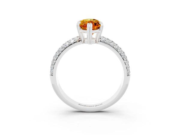 Silver Marquise Cut Citrine Vintage Milgrain Ring with Round  Stations