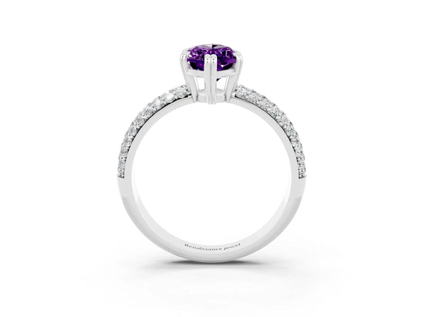 Silver Marquise Cut Amethyst Vintage Milgrain Ring with Round  Stations
