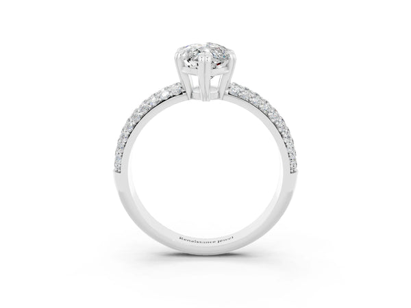 Silver Marquise Cut Moissanite Vintage Milgrain Ring with Round  Stations
