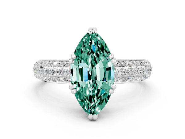 Silver Marquise Cut Green Sapphire Vintage Milgrain Ring with Round  Stations
