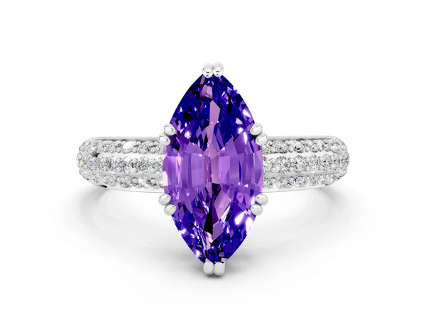 White gold Marquise Cut Tanzanite Vintage Milgrain Ring with Round  Stations