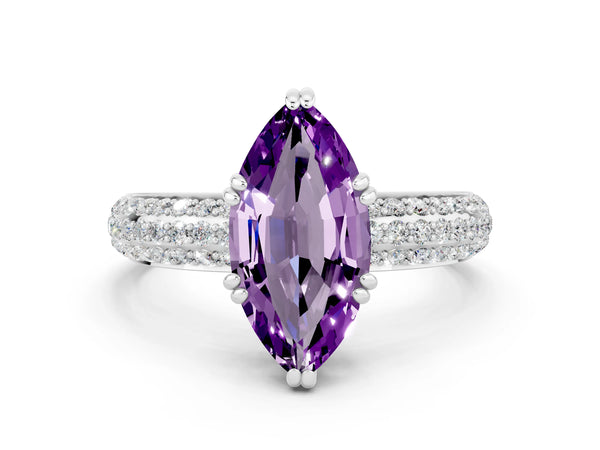 Platinum Marquise Cut Amethyst Vintage Milgrain Ring with Round  Stations