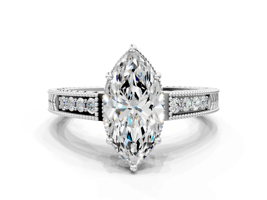 White gold Marquise Cut Cut Diamond Milgrain Pave Band Four-Prong Setting Ring_7