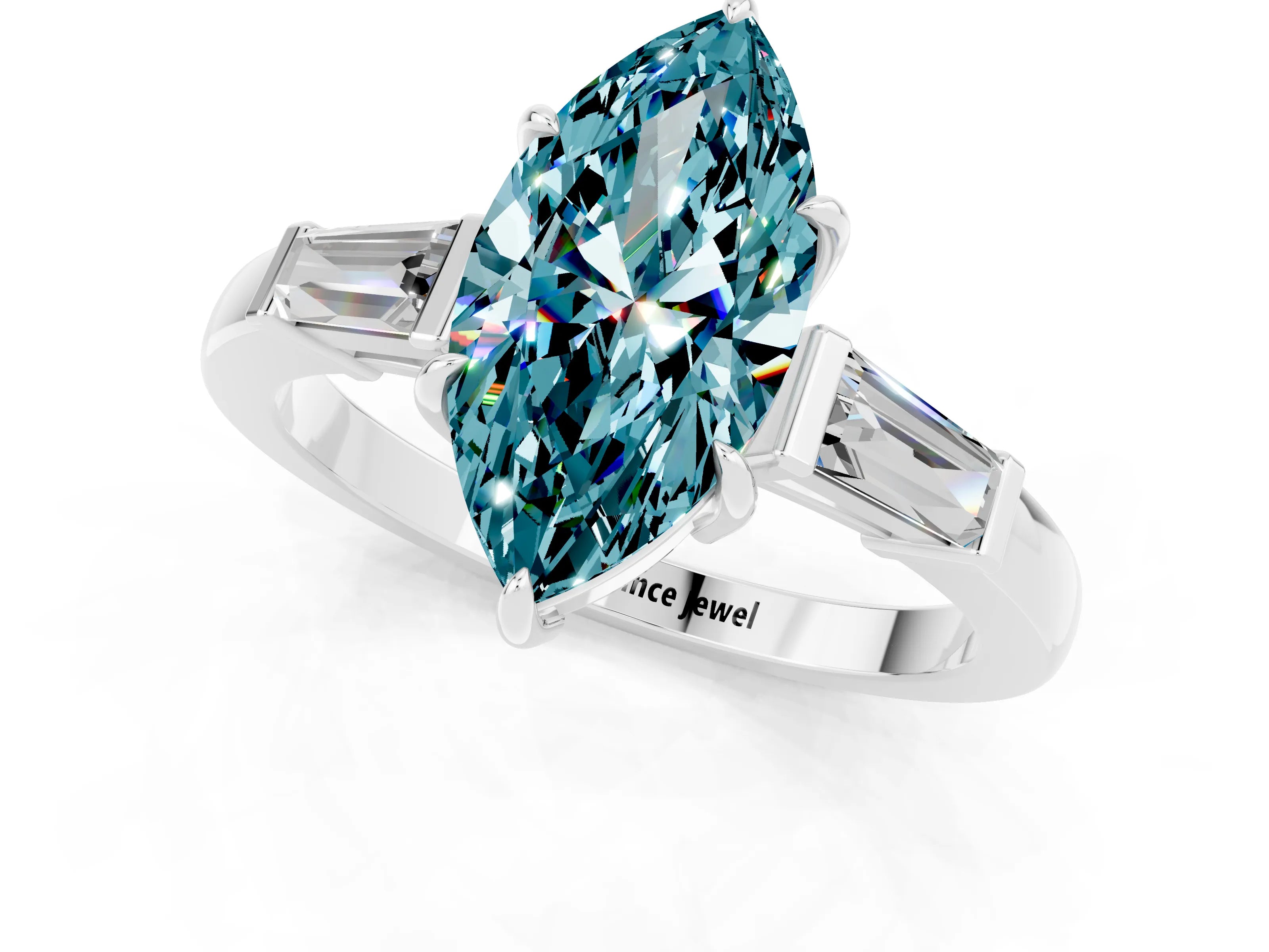 White gold Marquise Cut Cut Diamond Ring with Tapered Baguette Side Stones in Four-Prong Setting_1