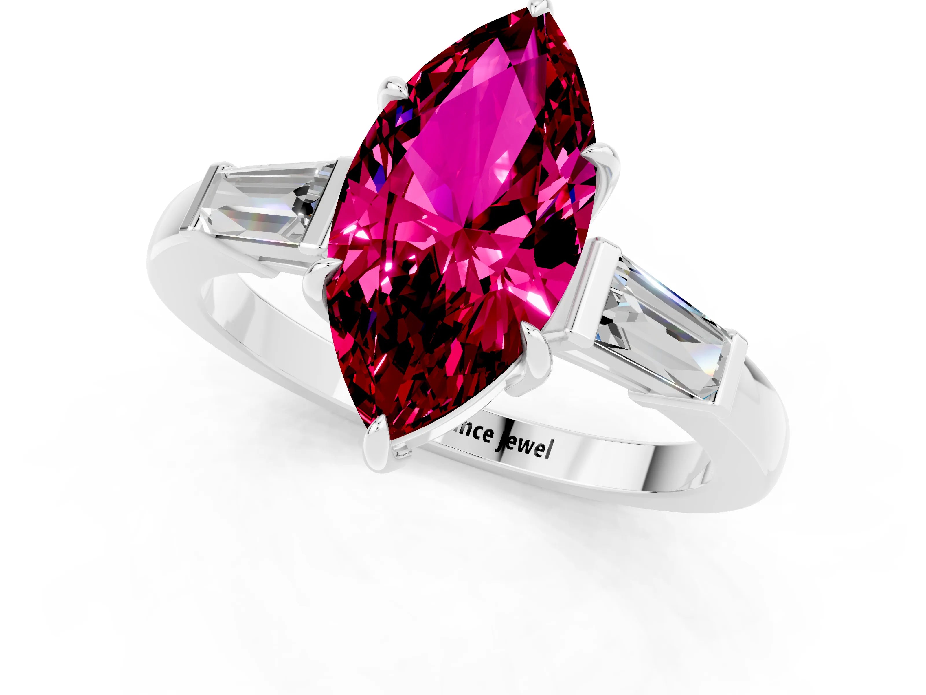 White gold Marquise Cut Cut Diamond Ring with Tapered Baguette Side Stones in Four-Prong Setting_1