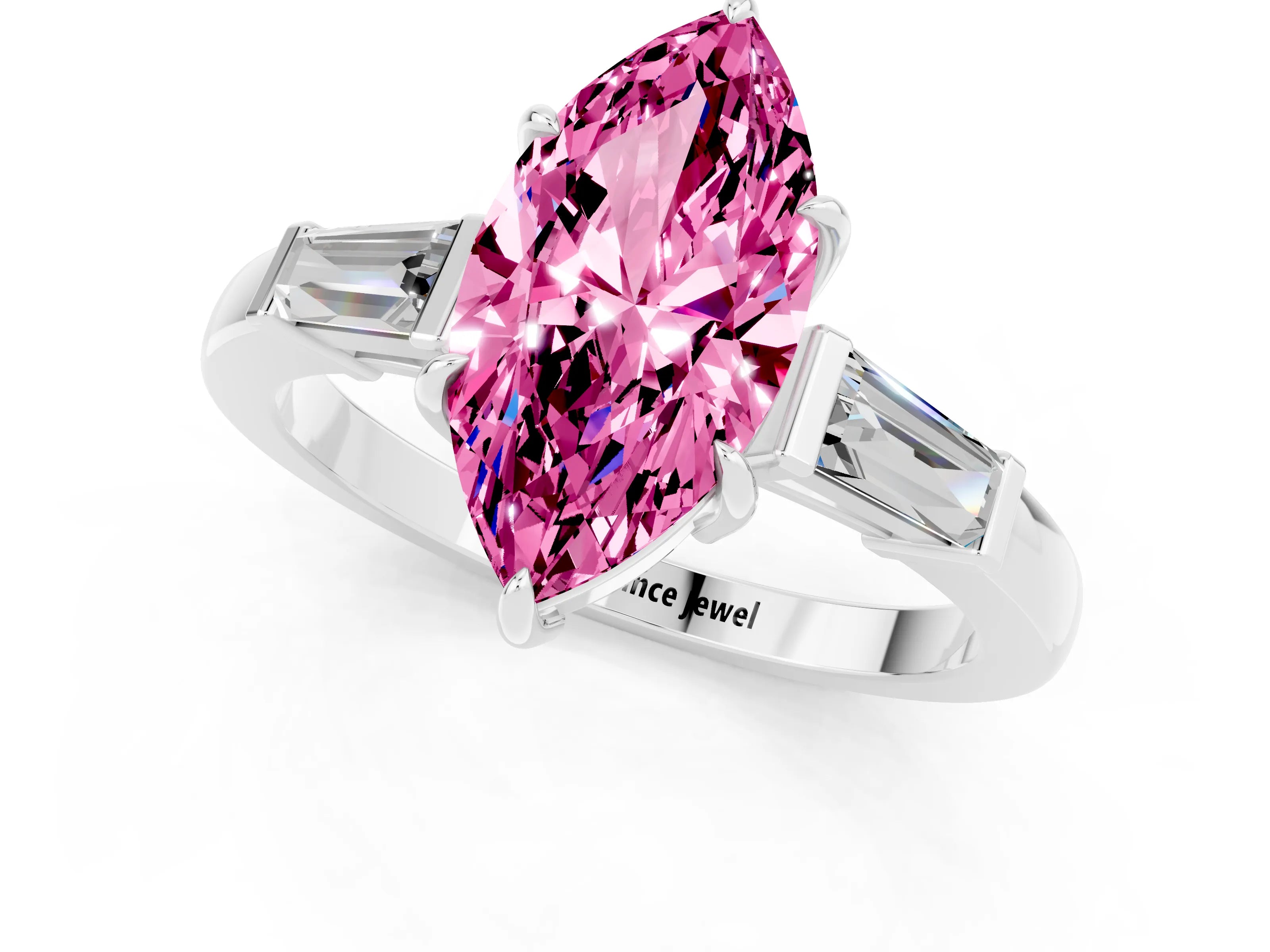 White gold Marquise Cut Cut Diamond Ring with Tapered Baguette Side Stones in Four-Prong Setting_1