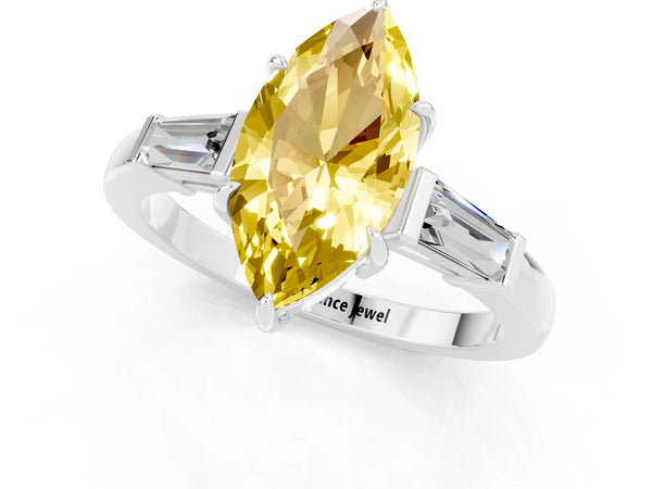 Silver Marquise Cut Yellow Sapphire Three-Stone Ring with Tapered Baguette Side Stones and Prong Setting