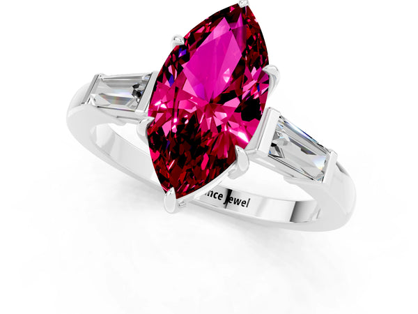 Platinum Marquise Cut Garnet Three-Stone Ring with Tapered Baguette Side Stones and Prong Setting