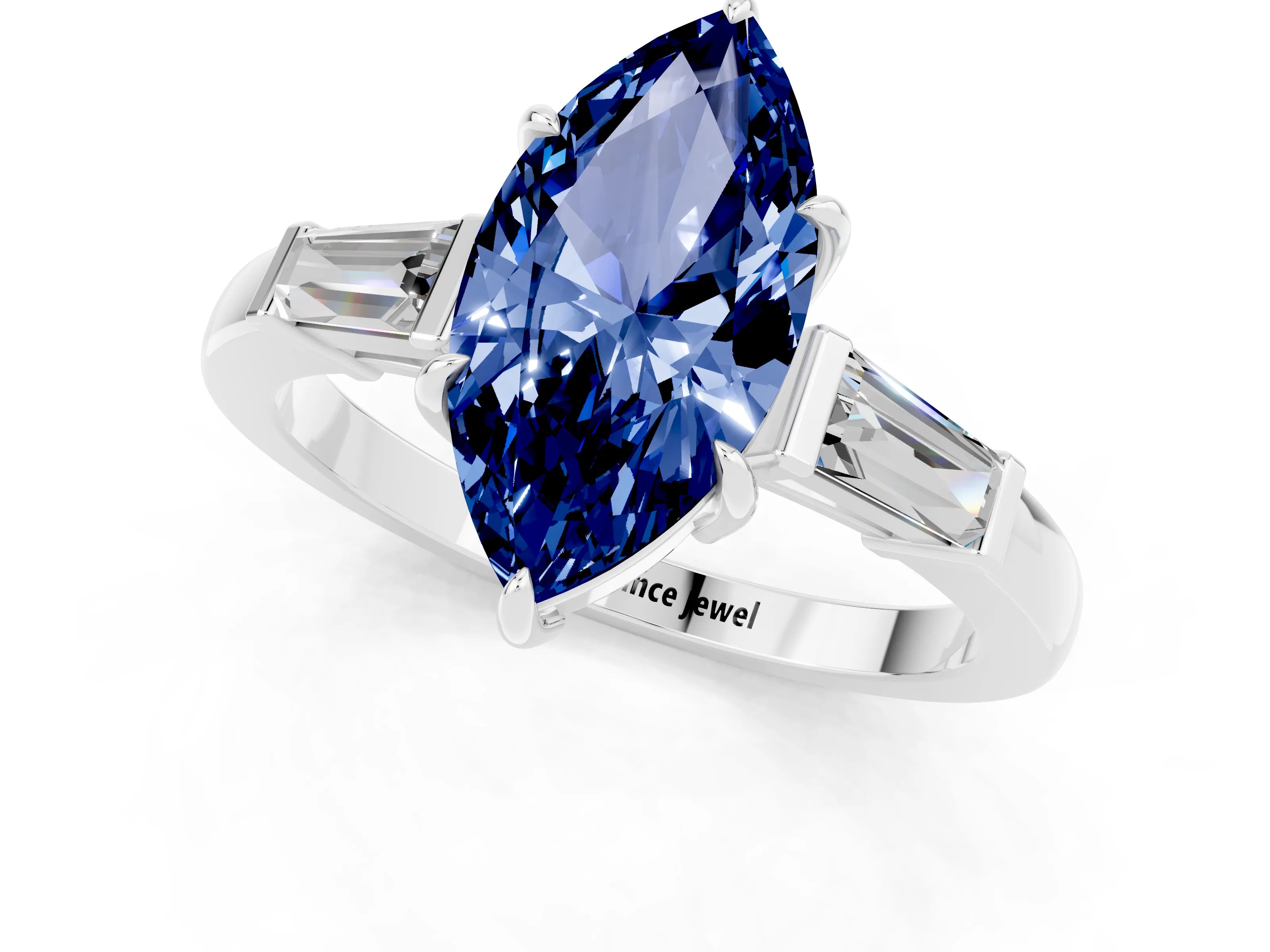 White gold Marquise Cut Cut Diamond Ring with Tapered Baguette Side Stones in Four-Prong Setting_1