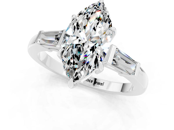 White gold Marquise Cut Moissanite Three-Stone Ring with Tapered Baguette Side Stones and Prong Setting