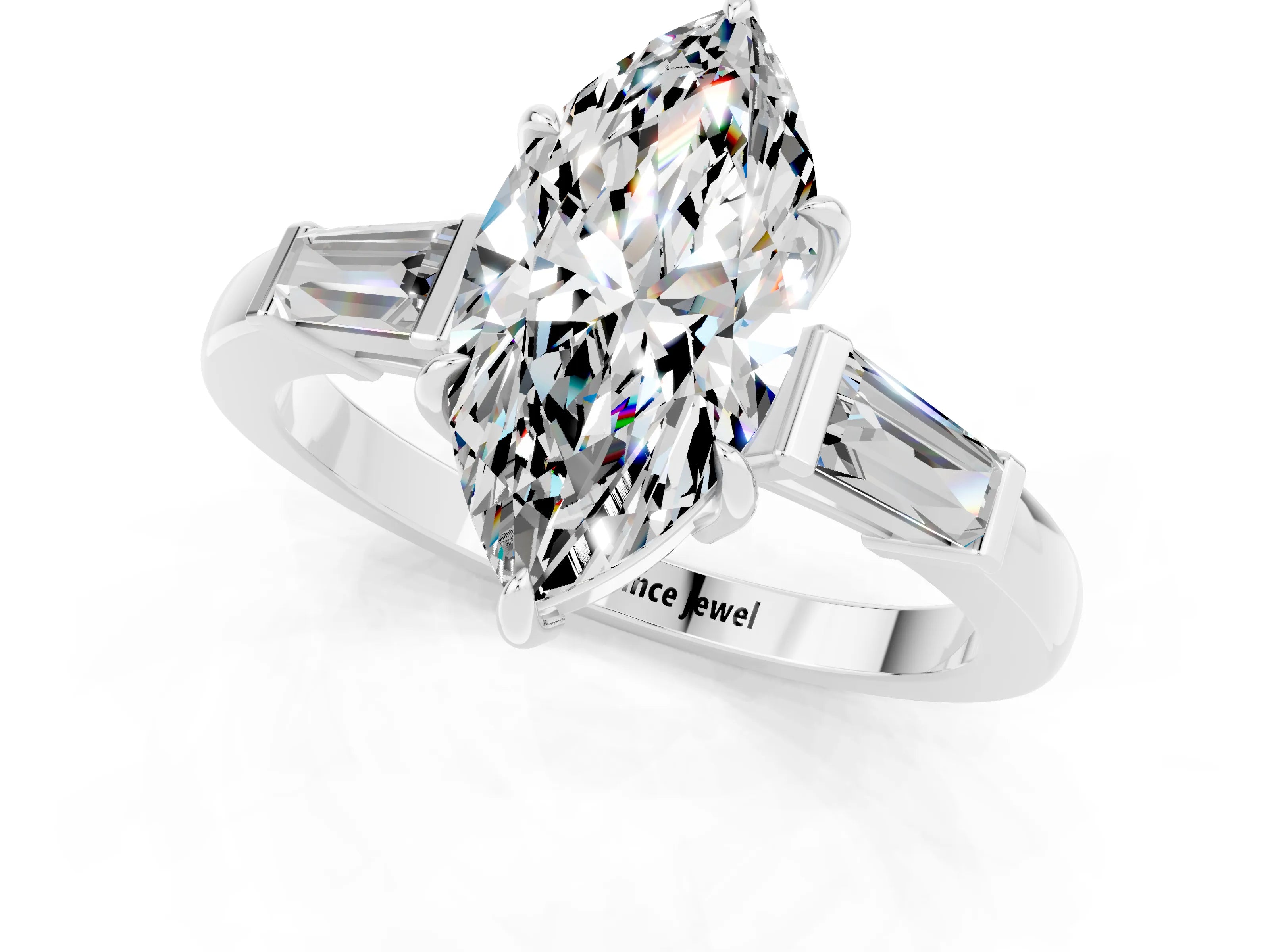 White gold Marquise Cut Cut Diamond Ring with Tapered Baguette Side Stones in Four-Prong Setting_1