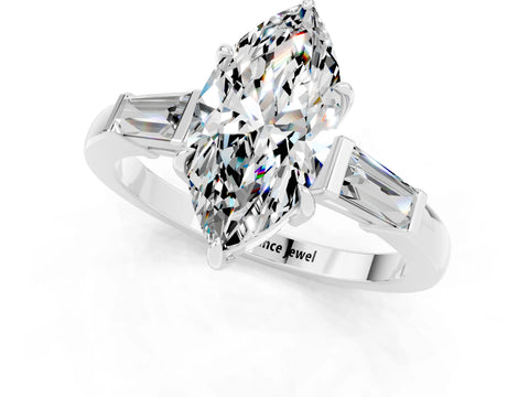 White gold Marquise Cut Cut Diamond Ring with Tapered Baguette Side Stones in Four-Prong Setting_1