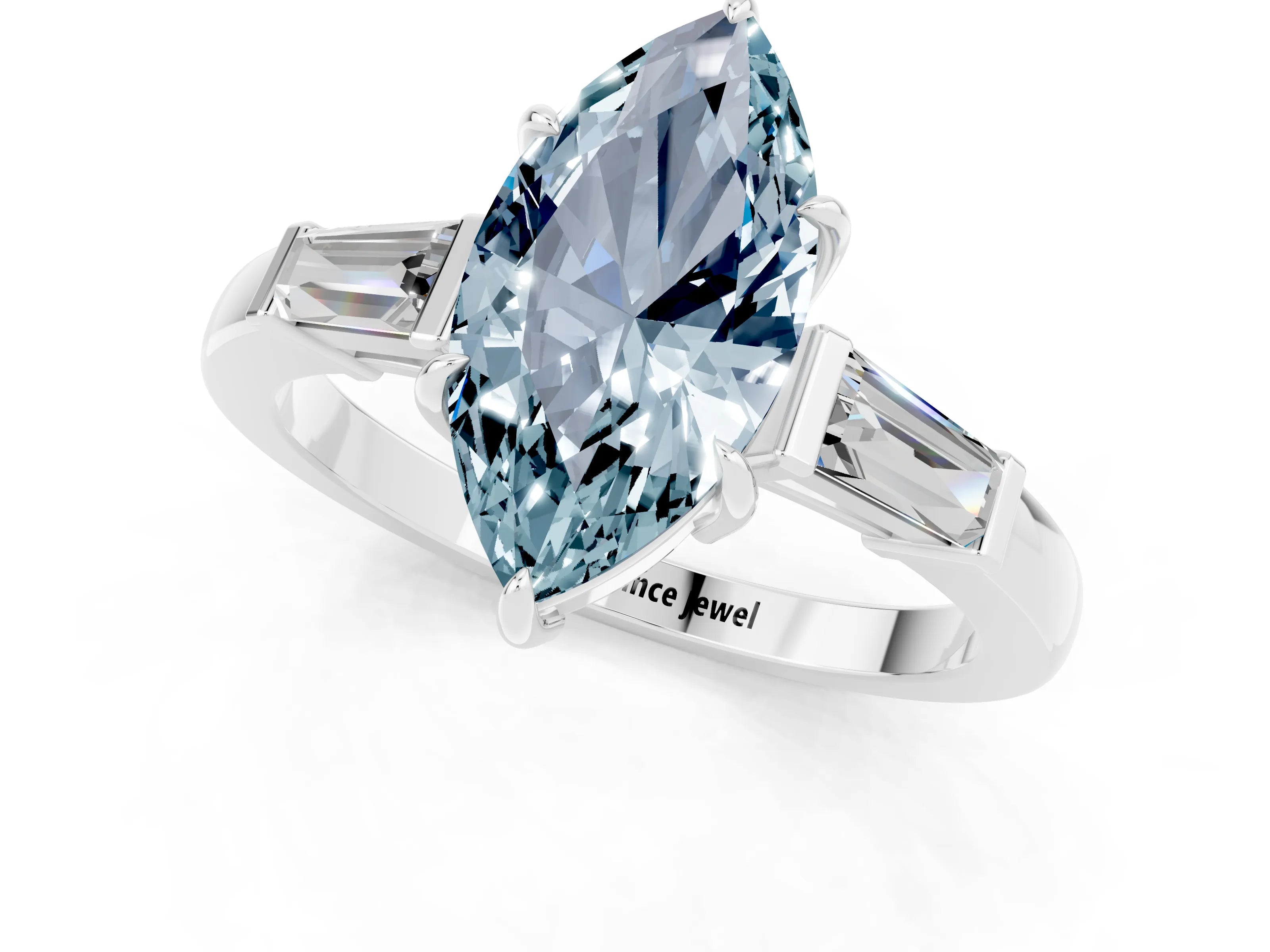 White gold Marquise Cut Cut Diamond Ring with Tapered Baguette Side Stones in Four-Prong Setting_1