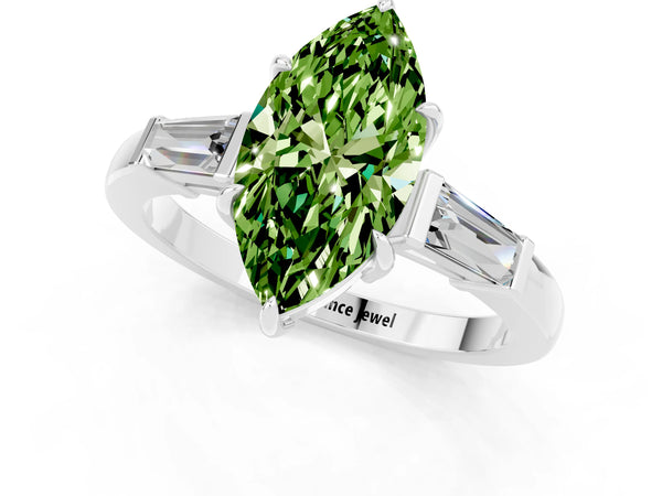 Platinum Marquise Cut Cut Diamond Ring with Tapered Baguette Side Stones in Four-Prong Setting