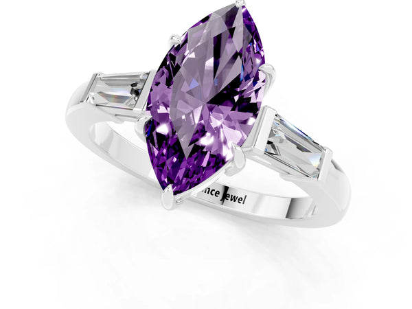 Platinum Marquise Cut Amethyst Three-Stone Ring with Tapered Baguette Side Stones and Prong Setting