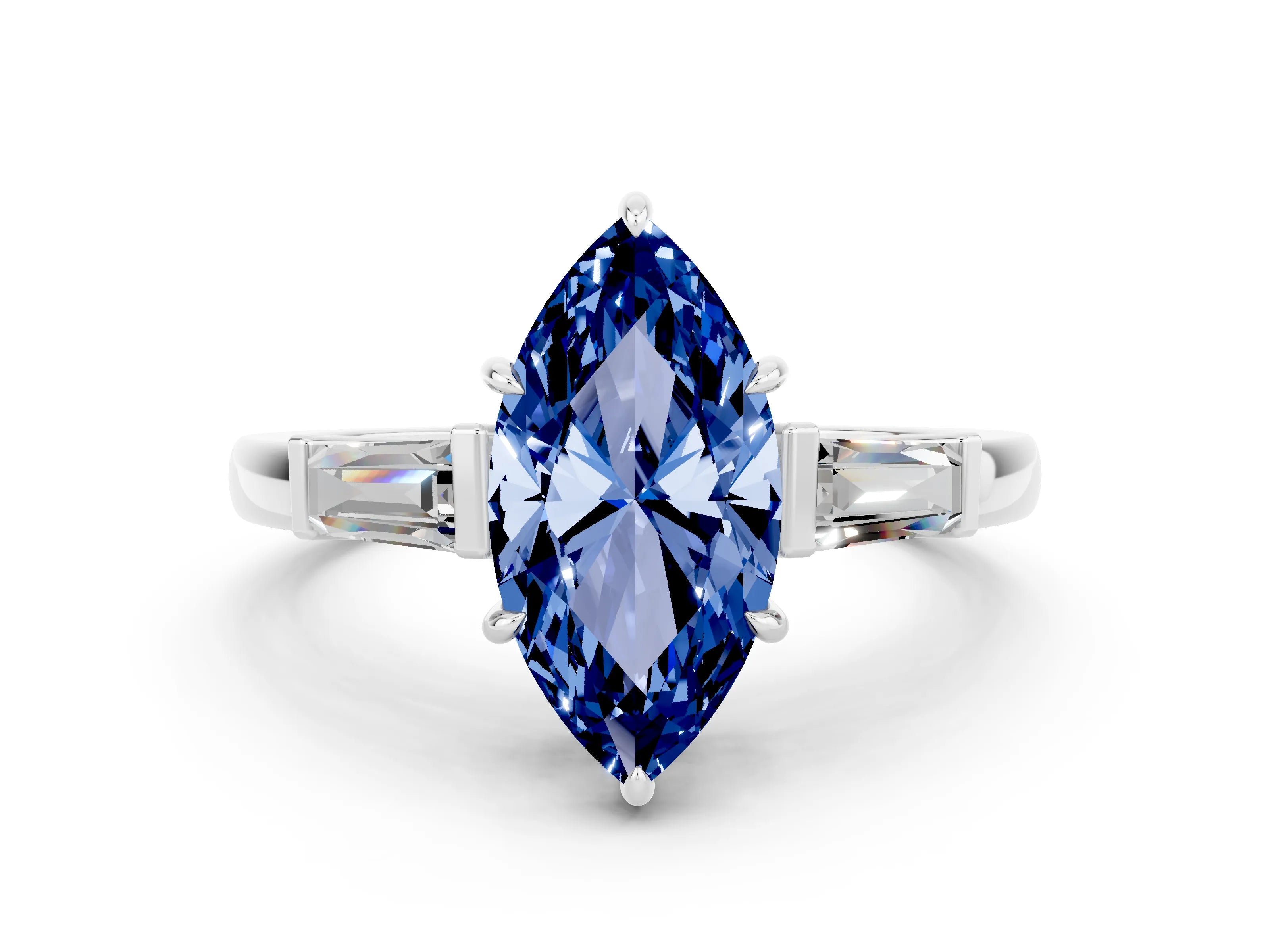 White gold Marquise Cut Cut Diamond Ring with Tapered Baguette Side Stones in Four-Prong Setting