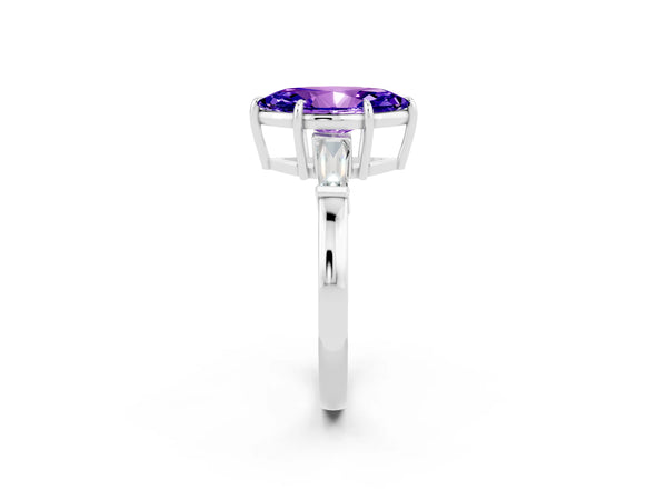 Platinum Marquise Cut Tanzanite Three-Stone Ring with Tapered Baguette Side Stones and Prong Setting