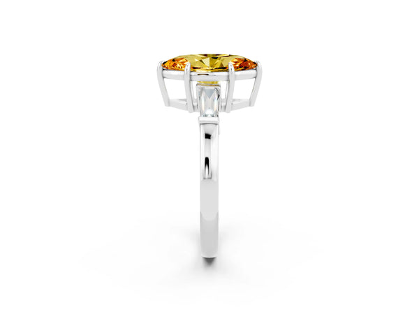 White gold Marquise Cut Citrine Three-Stone Ring with Tapered Baguette Side Stones and Prong Setting