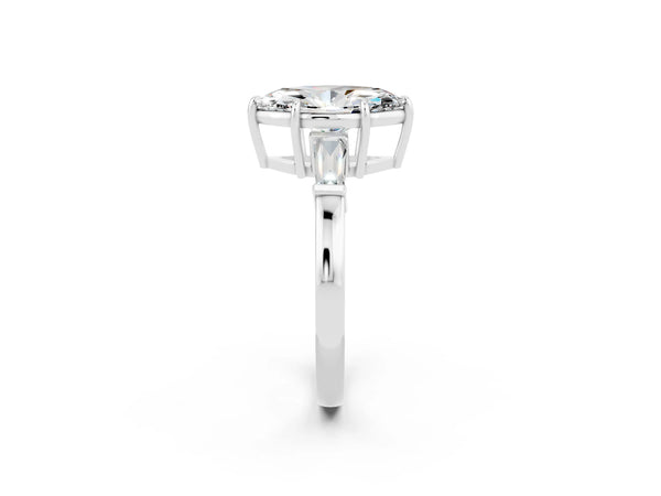 White gold Marquise Cut Moissanite Three-Stone Ring with Tapered Baguette Side Stones and Prong Setting