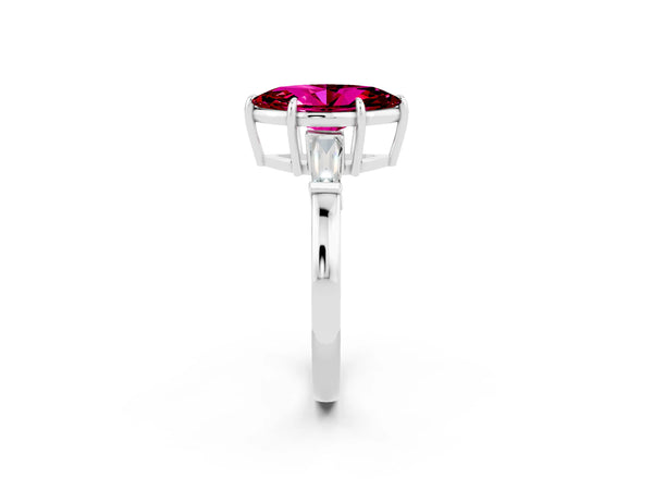 Silver Marquise Cut Garnet Three-Stone Ring with Tapered Baguette Side Stones and Prong Setting