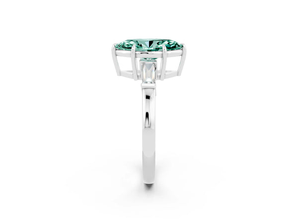 Silver Marquise Cut Green Sapphire Three-Stone Ring with Tapered Baguette Side Stones and Prong Setting