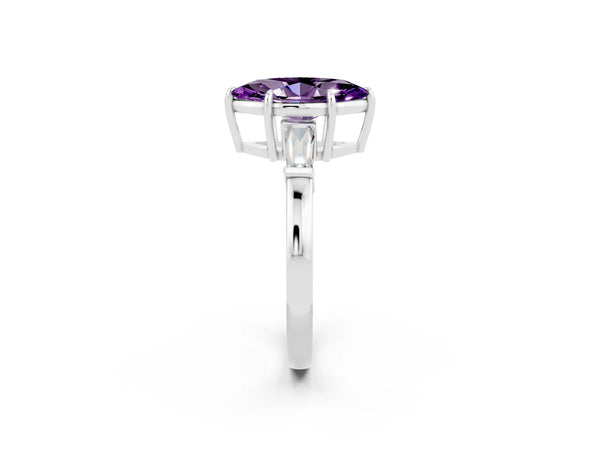 Silver Marquise Cut Amethyst Three-Stone Ring with Tapered Baguette Side Stones and Prong Setting