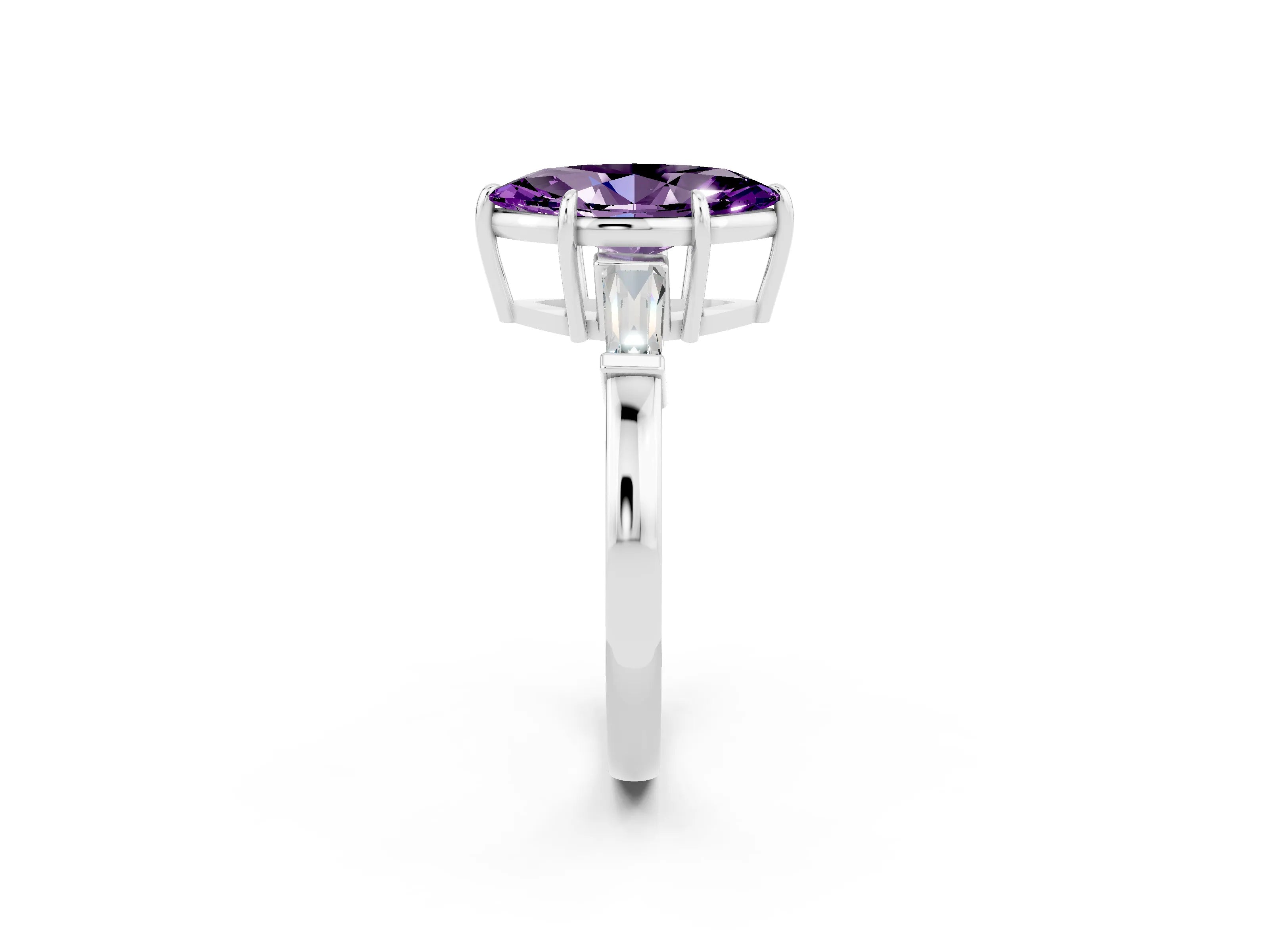 White gold Marquise Cut Cut Diamond Ring with Tapered Baguette Side Stones in Four-Prong Setting_2