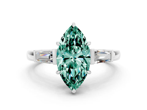 White gold Marquise Cut Cut Diamond Ring with Tapered Baguette Side Stones in Four-Prong Setting