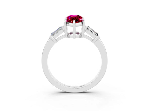 Platinum Marquise Cut Garnet Three-Stone Ring with Tapered Baguette Side Stones and Prong Setting