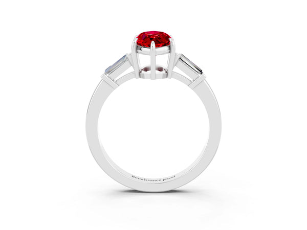 Silver Marquise Cut Cut Diamond Ring with Tapered Baguette Side Stones in Four-Prong Setting