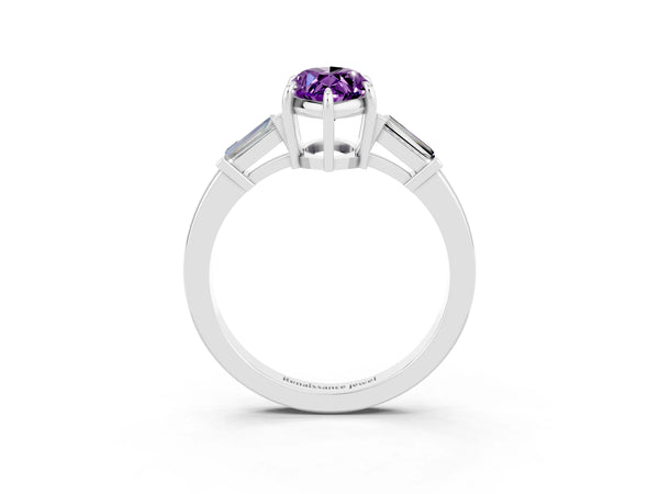 Silver Marquise Cut Amethyst Three-Stone Ring with Tapered Baguette Side Stones and Prong Setting