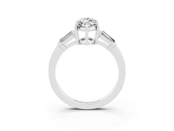 White gold Marquise Cut Moissanite Three-Stone Ring with Tapered Baguette Side Stones and Prong Setting