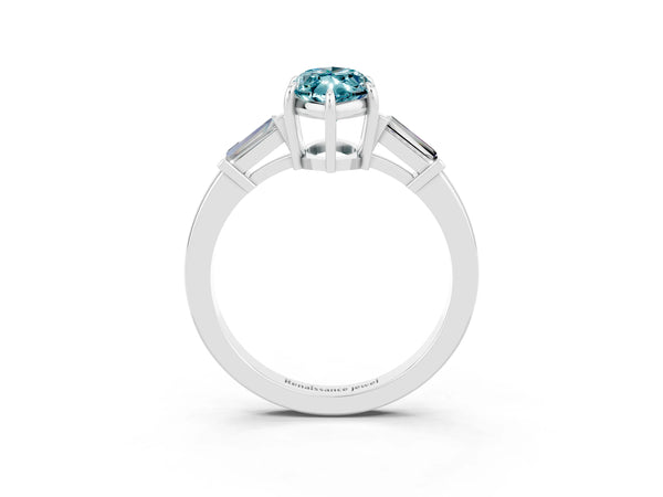Silver Marquise Cut Cut Diamond Ring with Tapered Baguette Side Stones in Four-Prong Setting