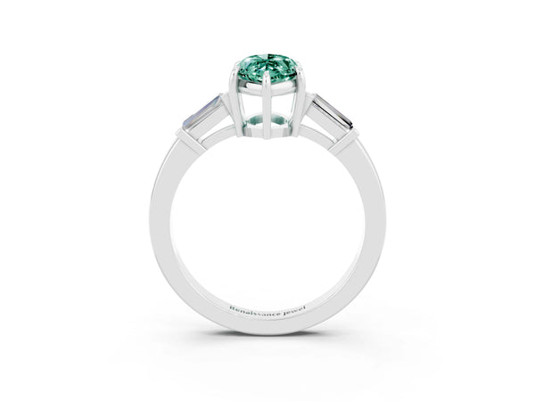 Silver Marquise Cut Green Sapphire Three-Stone Ring with Tapered Baguette Side Stones and Prong Setting