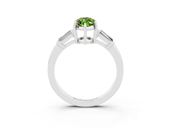 White gold Marquise Cut Cut Diamond Ring with Tapered Baguette Side Stones in Four-Prong Setting