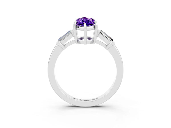White gold Marquise Cut Tanzanite Three-Stone Ring with Tapered Baguette Side Stones and Prong Setting