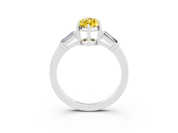 Platinum Marquise Cut Yellow Sapphire Three-Stone Ring with Tapered Baguette Side Stones and Prong Setting
