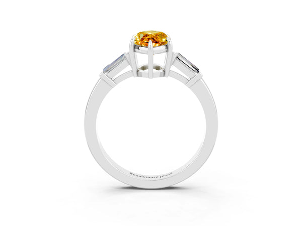 White gold Marquise Cut Citrine Three-Stone Ring with Tapered Baguette Side Stones and Prong Setting