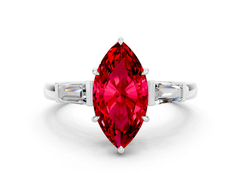 White gold Marquise Cut Cut Diamond Ring with Tapered Baguette Side Stones in Four-Prong Setting