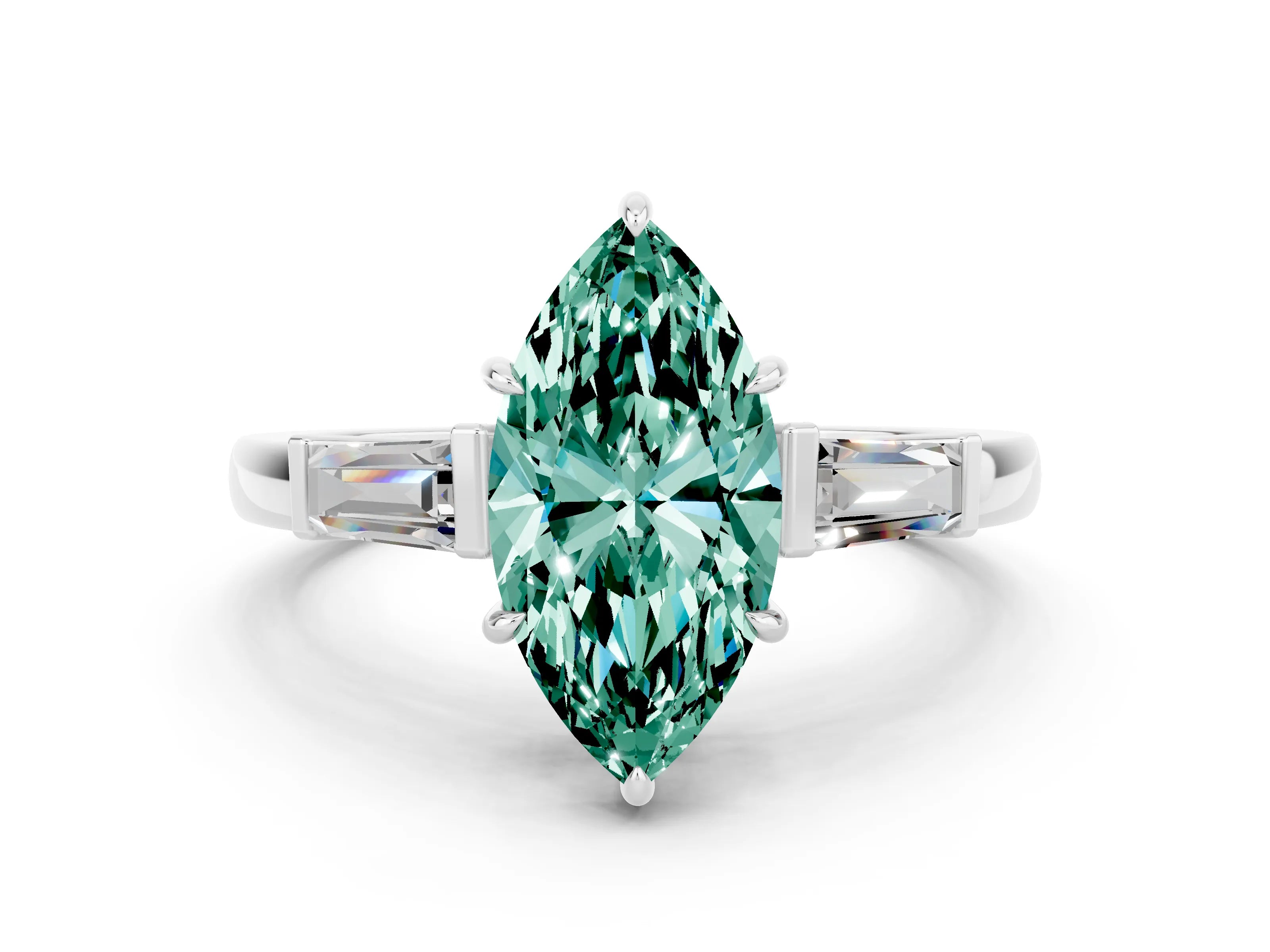White gold Marquise Cut Cut Diamond Ring with Tapered Baguette Side Stones in Four-Prong Setting