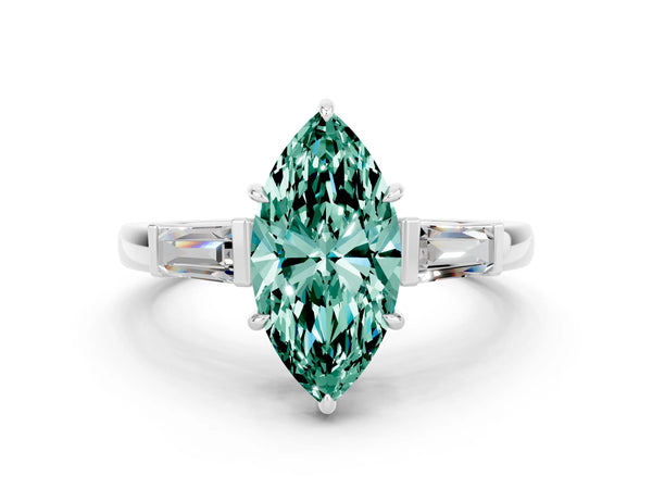 White gold Marquise Cut Green Sapphire Three-Stone Ring with Tapered Baguette Side Stones and Prong Setting