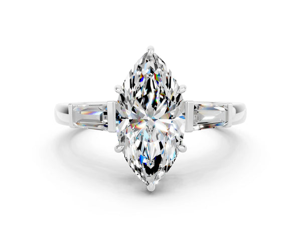 White gold Marquise Cut Moissanite Three-Stone Ring with Tapered Baguette Side Stones and Prong Setting