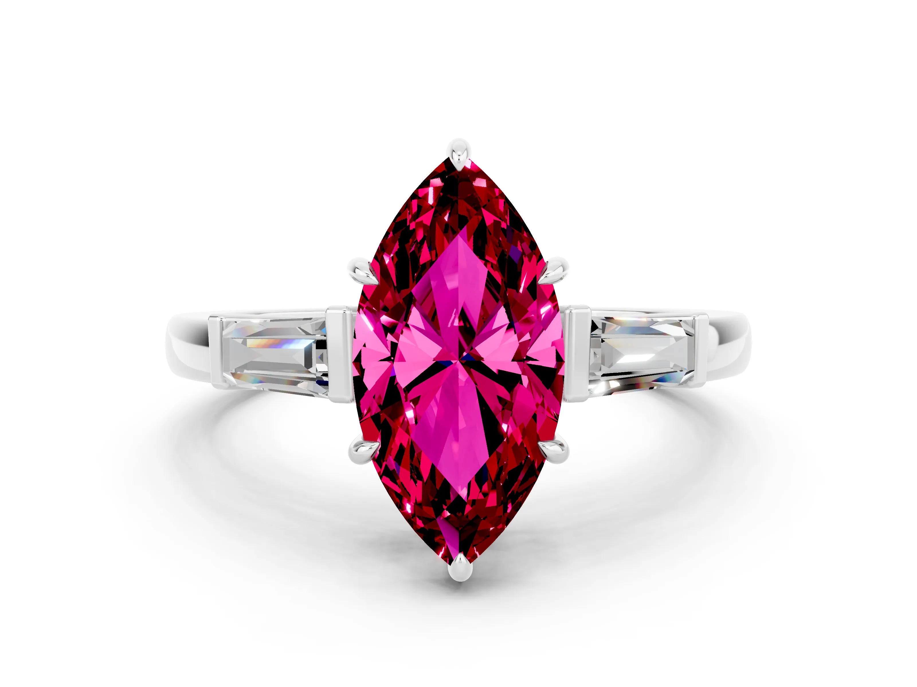 White gold Marquise Cut Cut Diamond Ring with Tapered Baguette Side Stones in Four-Prong Setting