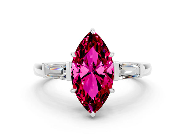 Silver Marquise Cut Garnet Three-Stone Ring with Tapered Baguette Side Stones and Prong Setting