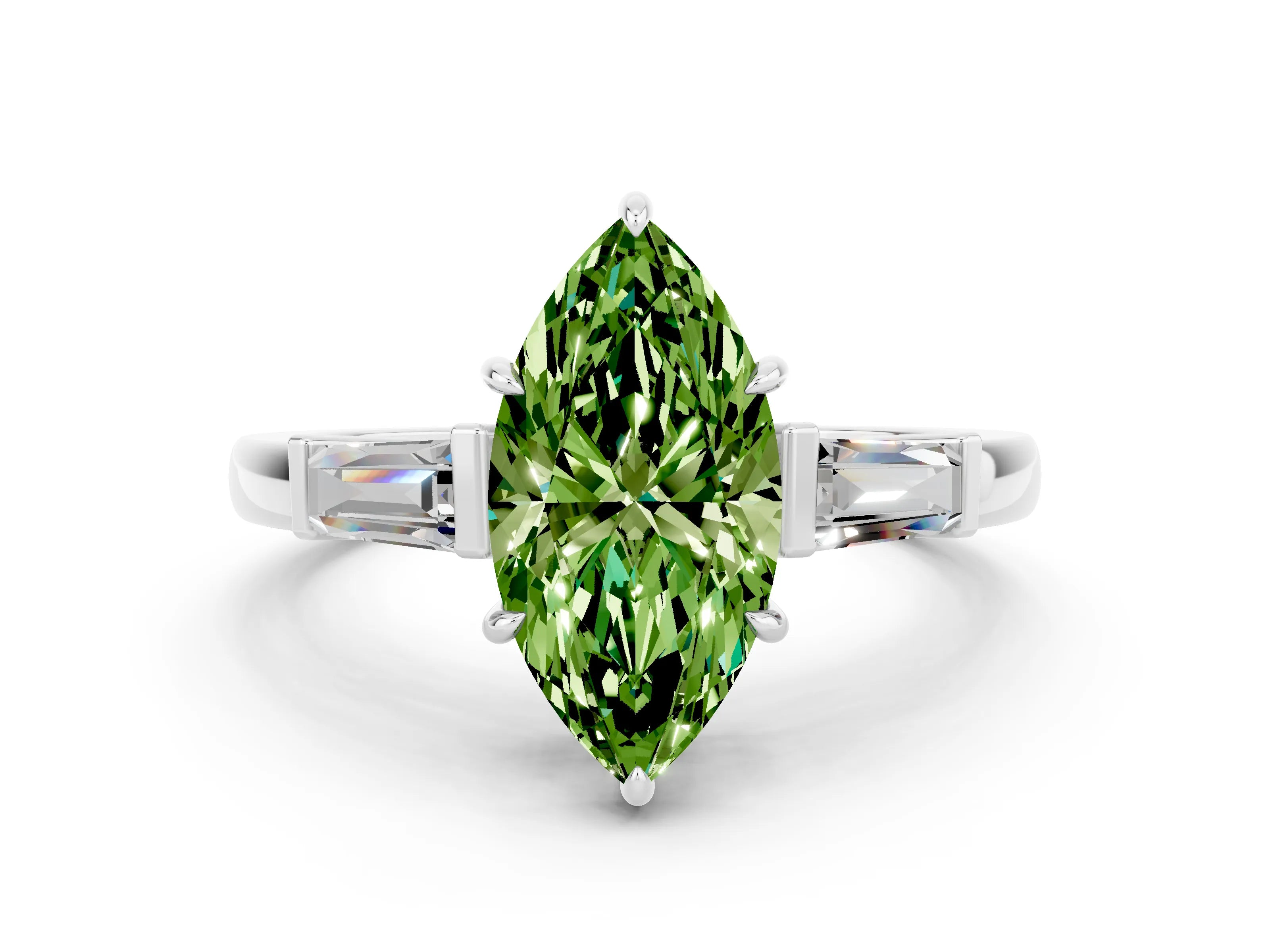 White gold Marquise Cut Cut Diamond Ring with Tapered Baguette Side Stones in Four-Prong Setting